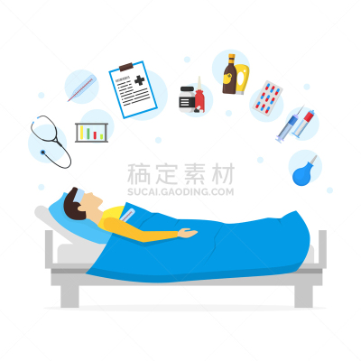 男人,动画片,床,矢量,健康保健,生病,布置