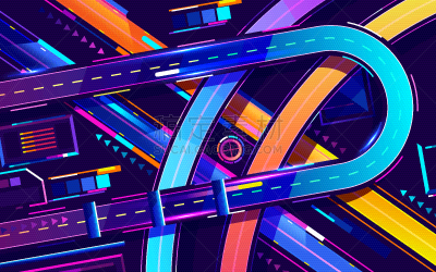 绘画插图,城市,都市风景,夜晚,矢量,顶部,霓虹灯,漫画,汽车,路口