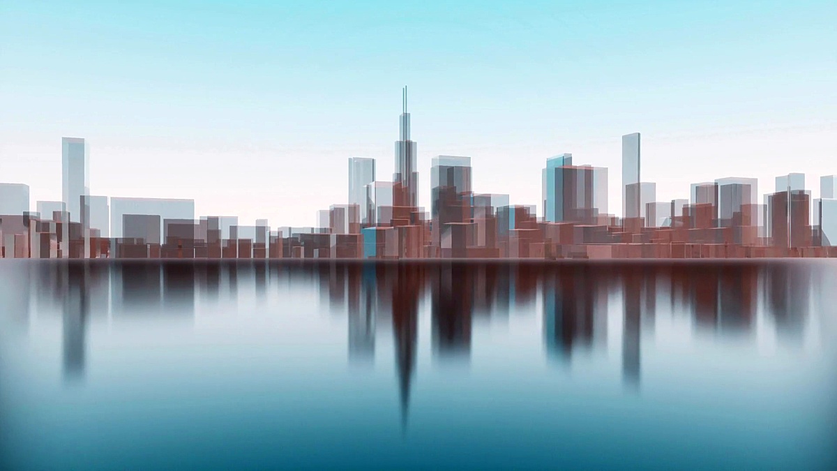 抽象3D城市天际线轮廓反射