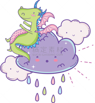 可爱的,动画片,龙,云,天气,动物,儿童,夏天,复古,绘制