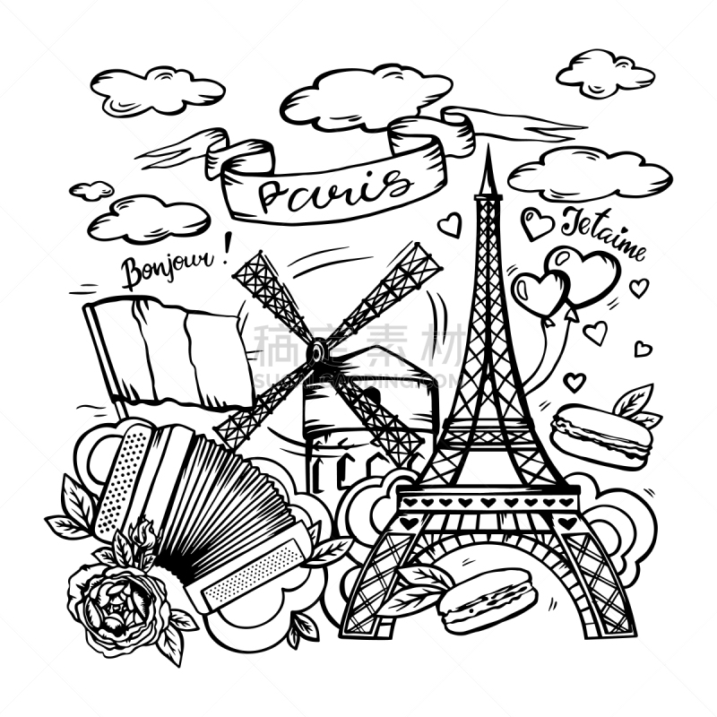 背景,绘画插图,白色,矢量,巴黎,公亩,城市生活,分离着色,组物体,绘制