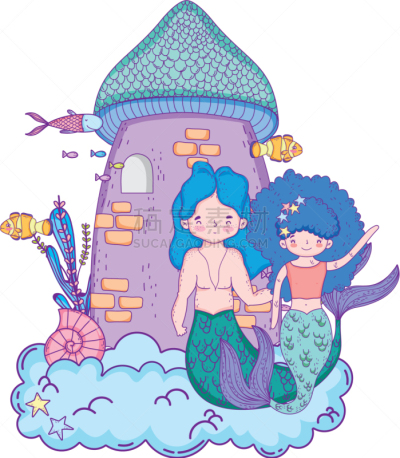 水下,伴侣,城堡,美人鱼,可爱的,水瓶座,飘然,家庭,女人,梦想