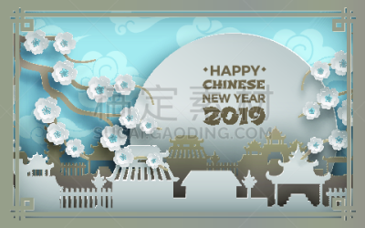 华丽的,贺卡,春节,边框,天空,乡村,2019,艺术,矢量