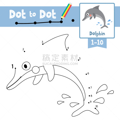 数,海豚,动物,绘画插图,点连成线,数字10,矢量,幼儿园,彩色书,教育