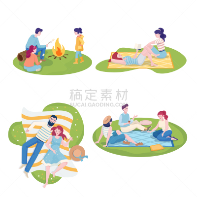 矢量,绘画插图,家庭,夏天,野餐,双亲家庭,周末活动,平坦的,女孩,友谊