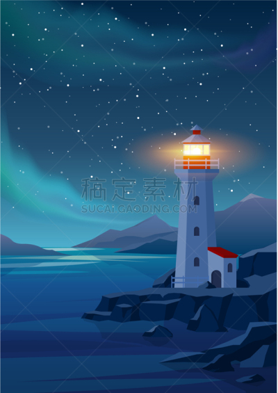 灯塔楼,夜晚,海洋,灯塔,插画,午夜,探照灯,暗色,自然美,波浪