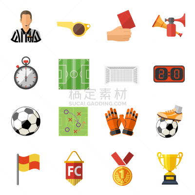 图标集,平坦的,足球场,分离着色,红色,杯,嗡嗡祖拉,守门员,阴谋