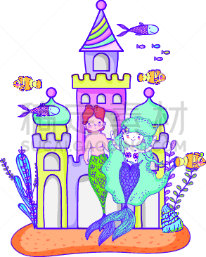 水下,伴侣,城堡,美人鱼,可爱的,水瓶座,飘然,家庭,女人,梦想