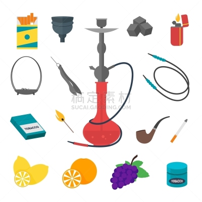 水烟袋,图标集,平坦的,传统,有毒物质,火柴棍,矢量,香烟,标志