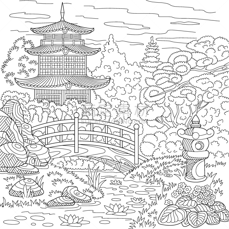 日本,成年的,宝塔,页,草图,建筑,塔,着色