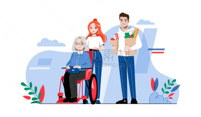 户外,绘画插图,轮廓,女人,矢量,古老的,轮椅,支撑,协助,关爱