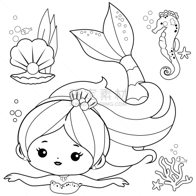 黑白图片,矢量,美人鱼,自然美,书页,海洋生命,着色