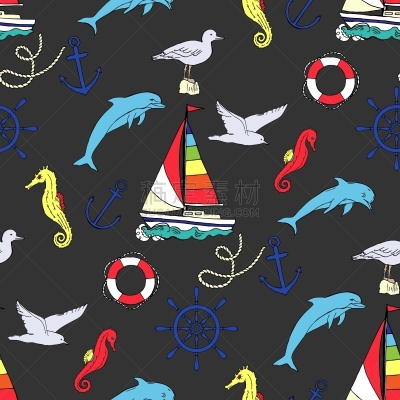 船,四方连续纹样,帆船,自然,浮标,游艇,海洋,海豚,海马,海星