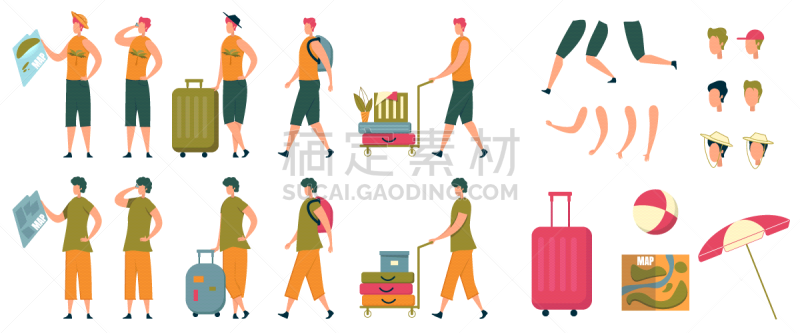 卡通,男人,平坦的,性格,创世纪,旅途,球,行李,腿,伞