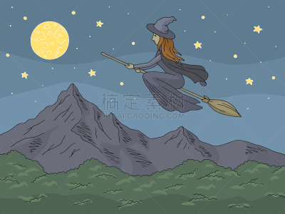 草图,绘画插图,女巫,矢量,地形,彩色图片,山,扫帚,插画,飞