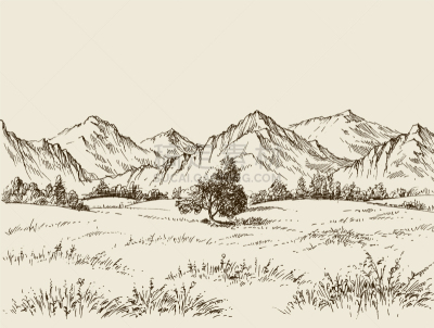草原,山,全景,草图,陆地,线条画,矢量,图像,地形,树