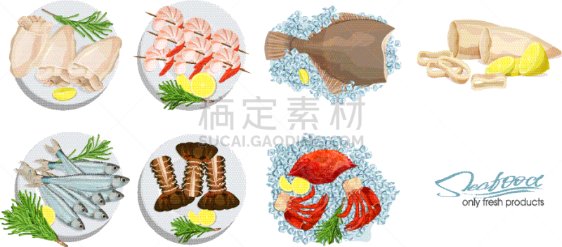 海产,餐盘,漫画,菜单,清新,食品,鲽,大螯虾,动物,烹调