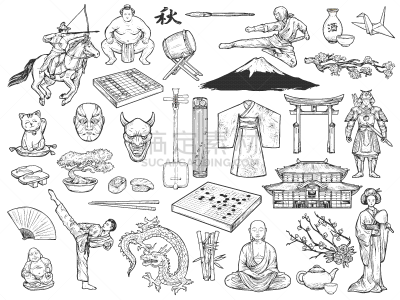 传统,草图,符号,柔道,空手道,折纸工艺,寿司,和服