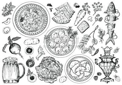 传统,食品,草图,绘画插图,盘子,矢量,俄罗斯,饺子,莫斯科,切块