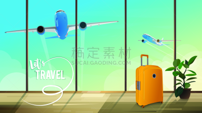 绘画插图,机场,军用机,飞机坠落,看风景,商务,旅途,一个物体,行李,风