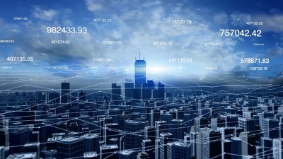 具有未来网络连接和数字的城市天际线的鸟瞰视图。