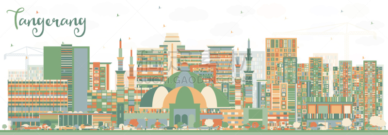 城市天际线,彩色图片,坦格朗,印度尼西亚,旅途,商务,云,鸟类,建筑,天空