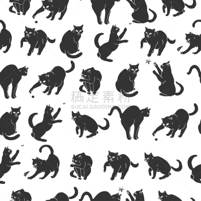 嬉戏的,黑色,猫,四方连续纹样,动物手,绘制
