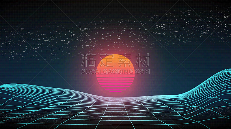 80s sunset wireframe 3d landscape with retro sun