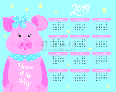 春节,蝴蝶结,猪,动物,衣领,2019,符号,日历,星期日,幽默