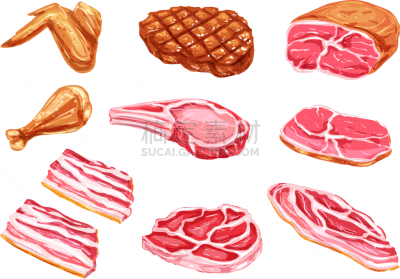 涂料,水彩画,肉制品,牛排,肉,香肠,熏猪肉,清新,牛胸肉,烤肉架