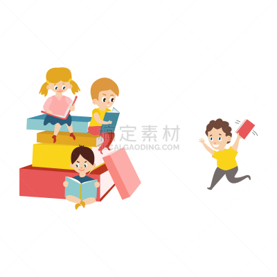 女孩,男孩,书,动画片,可爱的,女人,小的,读书,布置,坐