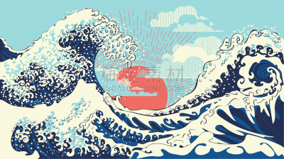 非凡的,波浪,式样,海啸,亚洲,自然,概念,海洋,传统节日,复古