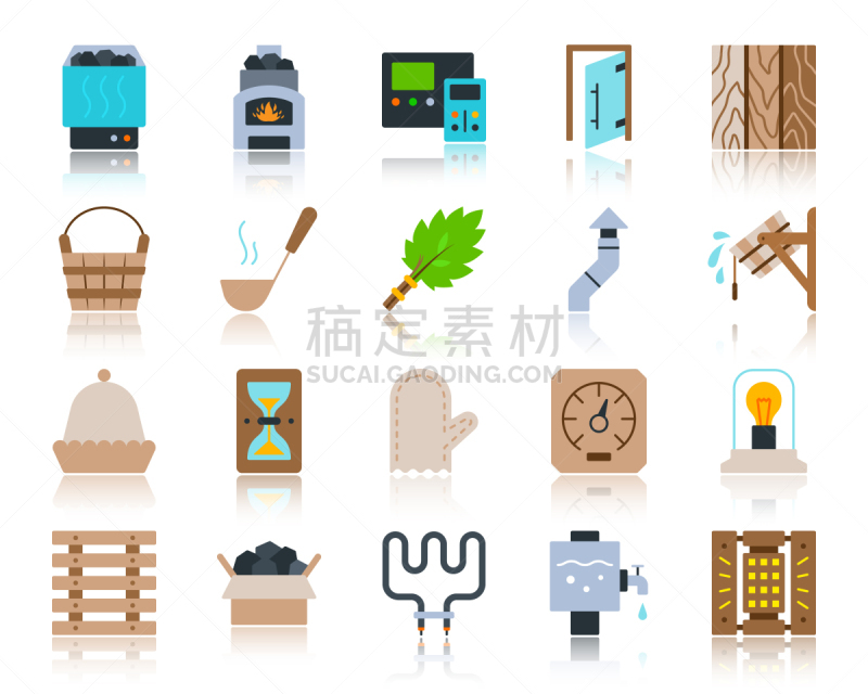设备用品,桑拿浴,彩色图片,简单,平坦的,计算机图标,连指手套,长柄勺,灯罩,公共浴室