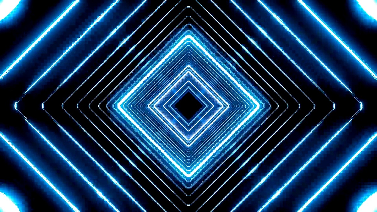 美丽的抽象广场隧道与蓝光线快速移动。几个视频元素的集合。背景带有霓虹灯的未来派隧道。循环3D动画艺术概念。