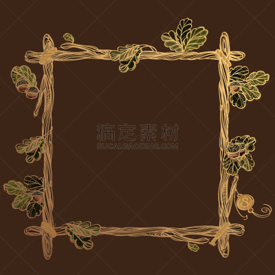 枝,叶子,橡树,正方形,边框,黄金,华丽的,绳子,柳条,梦符咒