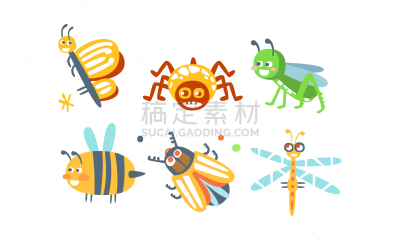 昆虫,矢量,幽默,卡通,可爱的,多样,野生动物,大黄蜂,毛虫,甲虫
