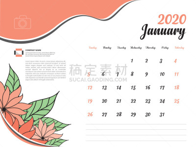 2020,一月,橙色,办公用品,日历,星期,概念,数字6,花,打印