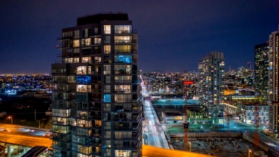 Panning CN Tower Toronto Night Time Long Gardiner Expressway   