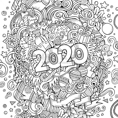 2020,新年前夕,绘画插图,乱画,轮廓线画,动物手,可爱的,单词,贺卡