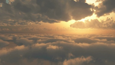 在日出或日落时穿过云层飞行。