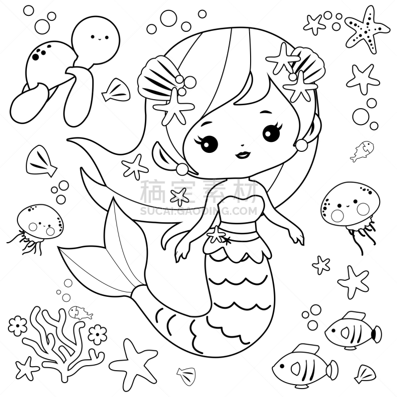 黑白图片,矢量,美人鱼,自然美,书页,海洋生命,着色