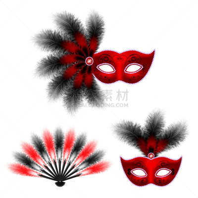 红色,扇子,威尼斯面具,翎毛,分离着色,化妆舞会服,白色背景,秘密,华丽的