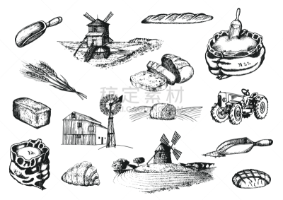 矢量,设备用品,绘画插图,雕刻术,组物体,面包店,动物手,插画,酥皮糕点,布置