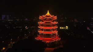 夜间照明武汉市著名黄鹤寺鸟瞰 中国