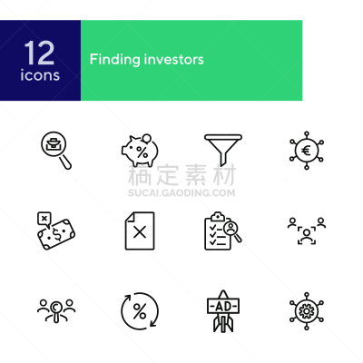 线条,图标集,财会,简单,模板,细的,猪,火箭,漏斗,小猪扑满