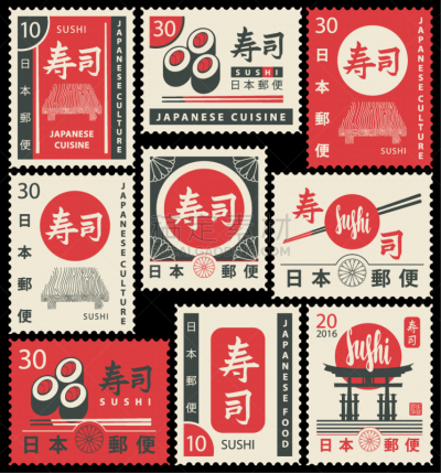 邮票,古老的,日文,菜单,日本食品,信函,复古风格,中国,朝鲜半岛,鸟居