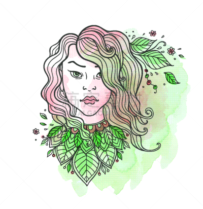 叶子,水彩画,绿色,女孩,背景,白色,自然,华丽的,人,季节