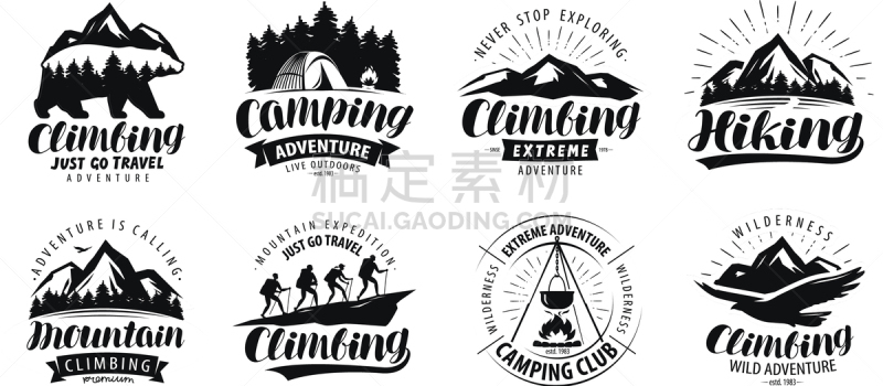 品牌名称,徒步旅行,标签,旅途,帐篷,插画,野生动物,熊,上升,露营