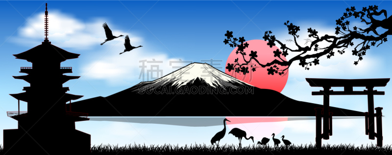 富士山,樱桃,草,鸟类,大门,天空,日本,火山,日出,剪影