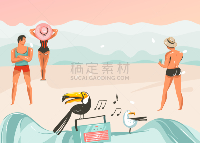 夏天,抽象,举起手,动画片,巨嘴鸟,女人,鸟类,海岸线,绘制,休闲